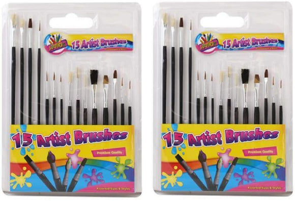 3Ace Crafts Set of 15 Artist Brushes with Wooden Handle - Paint Brushes Assorted Sizes for Art and Crafts (Pack of 2)