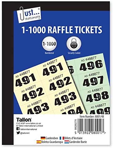 3Ace Crafts Cloakroom & Raffle Tickets 1-1000 - Security Coded - Unique Serial Numbers - Ideal Tombola Draw, Bingo Halls, Charity Events Prize Lucky Draw