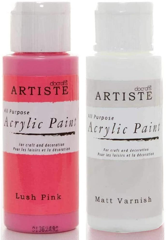 3Ace Crafts Pack of 2 - docrafts Artiste High Quality All Purpose Acrylic Paint (2oz) 59ml - Quick Drying and Waterbased - for Painting, Craft and Decoration - Lush Pink & Matt Varnish