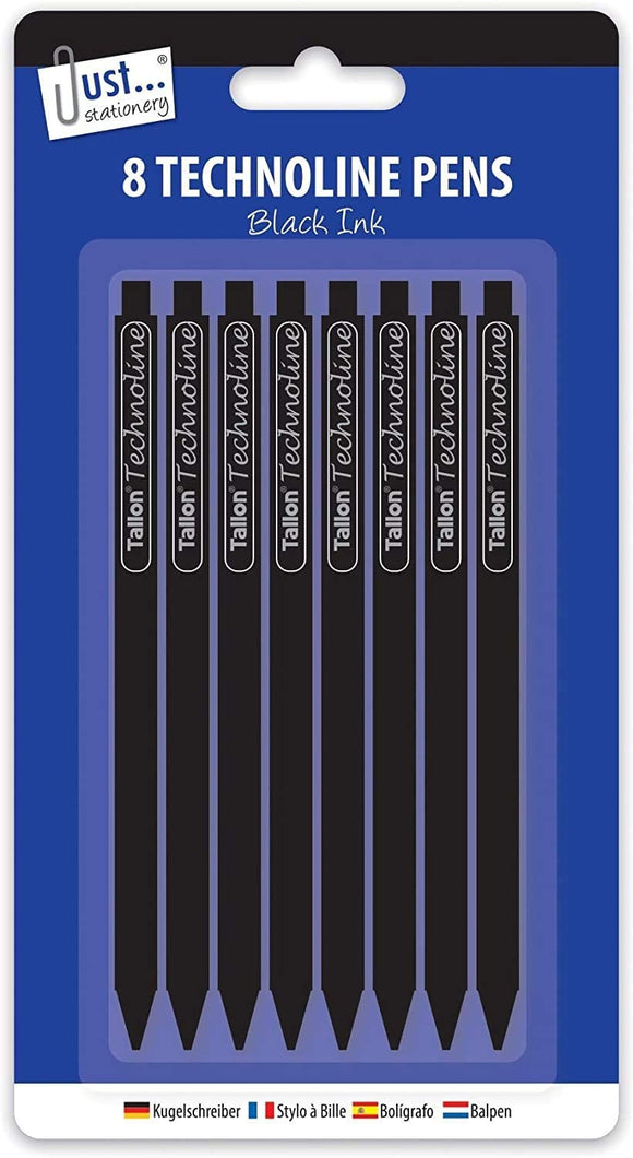 3Ace Crafts Set of 8 Technoline Pens Black - Retractable Fine Line Ballpoint Pens Black Ink (Pack of 1)