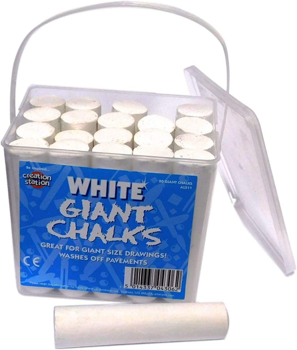 3Ace Crafts 20 White Giant Chalks - Great For Giant Size Drawings Playground Outdoor, Art and Crafts - Comes with Handy Bucket Tub - White