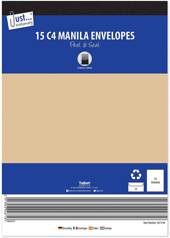 3Ace Crafts Set of 15 - C4 Peel & Seal Manila Envelopes 80gsm - High Quality A4 Folded Envelopes - Security Printed - Size Aprrox 324mm x 229mm