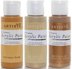 3Ace Crafts 3X docrafts Artiste Acrylic Paint 59ml - for Painting and Craft - Antique Gold, Metallic Antique Gold & Metallic Titanium Gold