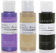 3Ace Crafts 3X docrafts Artiste Acrylic Paint - for Painting and Craft 59ml - All Metallic - Amethyst, Antique Gold & Black