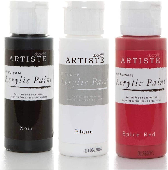 3Ace Crafts 3X docrafts Artiste Acrylic Paint - for Painting and Craft 59ml - Spice Red, Noir and Blanc