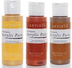 3Ace Crafts 3X docrafts Artiste Acrylic Paint - for Painting and Craft 59ml - Metallic Bronze, Metallic Classic Gold & Metallic Copper