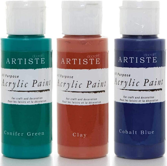 3Ace Crafts 3X docrafts Artiste Acrylic Paint 59ml - for Painting, Craft and Decoration - Clay, Cobalt Blue & Conifer Green