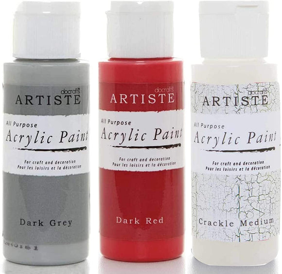 3Ace Crafts 3X docrafts Artiste Acrylic Paint 59ml - for Painting, Craft - Crackle Medium, Dark Grey & Dark Red
