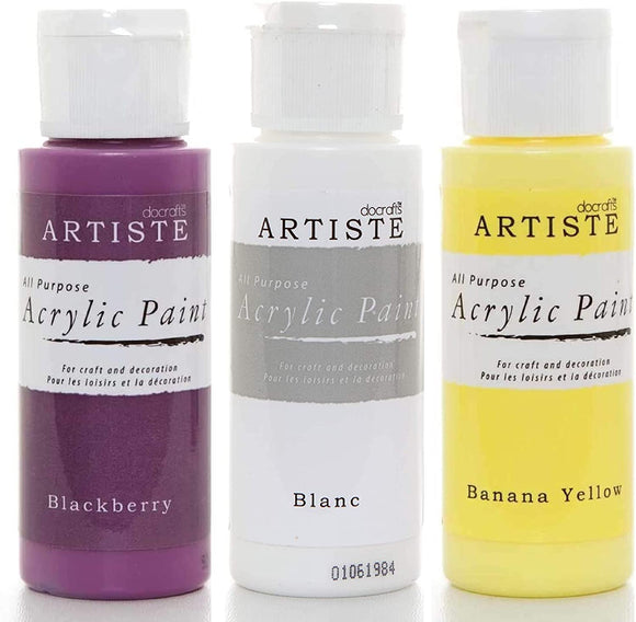 3Ace Crafts 3X docrafts Artiste Acrylic Paint 59ml - for Painting, Craft - Banana Yellow, BlackBerry & Blanc