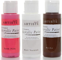 3Ace Crafts 3X docrafts Artiste Acrylic Paint - for Painting and Craft 59ml - Lush Pink, Matt Varnish & Mocha