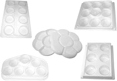 3Ace Crafts Pack of 5 - Plastic Paint Mixing Palette Tray - Different Shapes and Designs : 8-Well Shallow Palette, Water Pot Holder Palette, Desk Palette, Easel Palette and Double Flower Palette