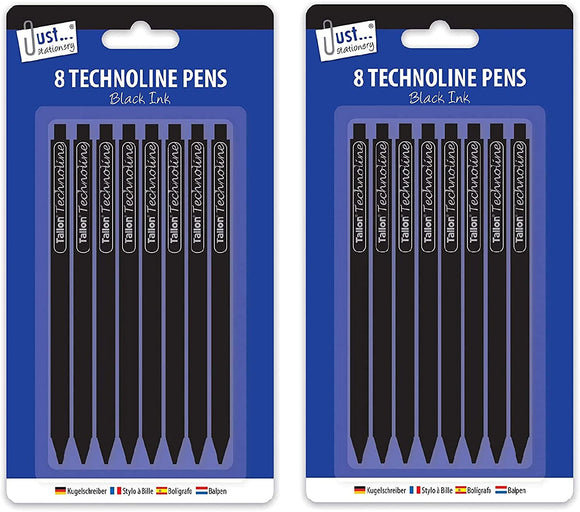 3Ace Crafts Set of 8 Technoline Pens Black - Retractable Fine Line Ballpoint Pens Black Ink (Pack of 2)