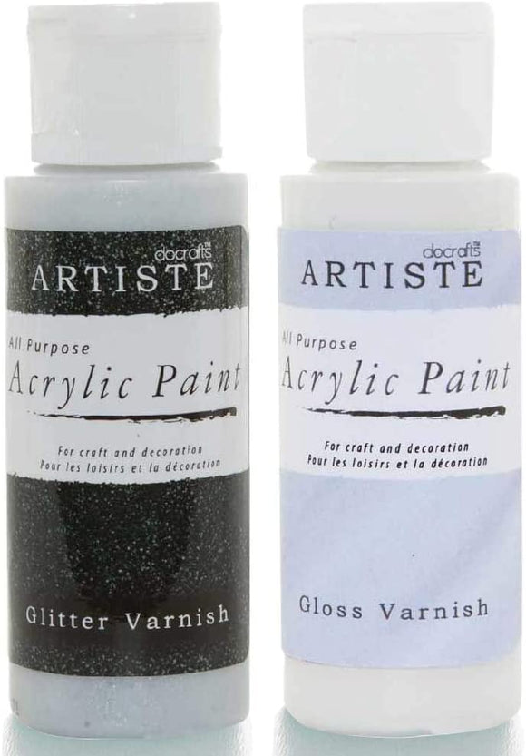 3Ace Crafts Pack of 2 - docrafts Artiste Acrylic Paint for Painting, Craft 59ml - Glitter Varnish & Gloss Varnish