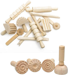3Ace Crafts Set of Wooden Paint & Clay Stampers (Pack of 4) & Wooden Dough Tool Set 12 Pieces - Art & Craft (Both Set)