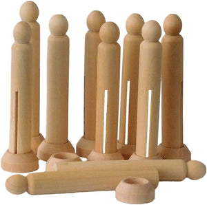 3Ace Crafts Pack of 10 Natural Wooden Dolly Pegs with Stands - Traditional Wood Clothes Pegs Craft Wooden Dolly Pegs
